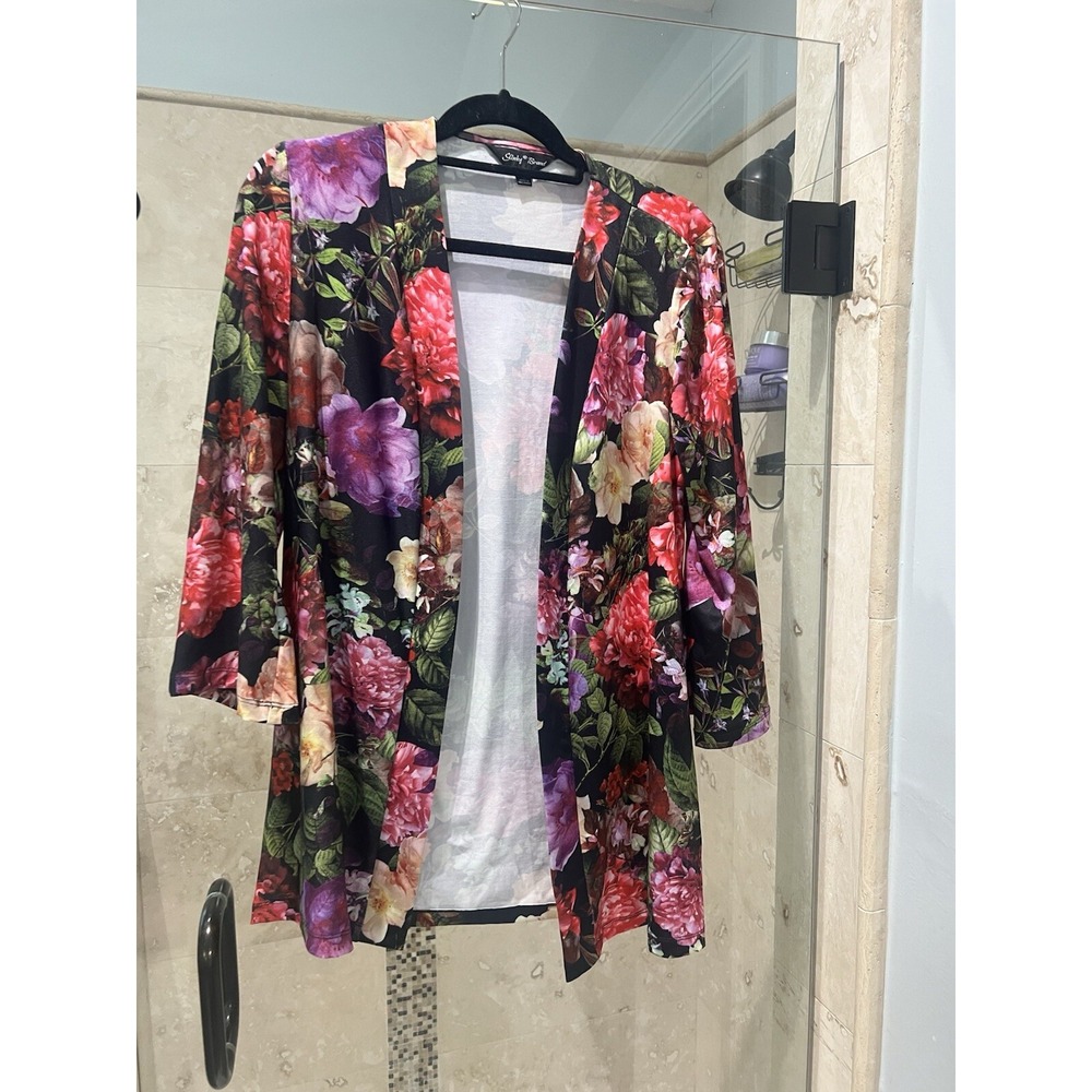 Slinky Brand XS Open Front Black Pink Floral Tunic Kimono 7519